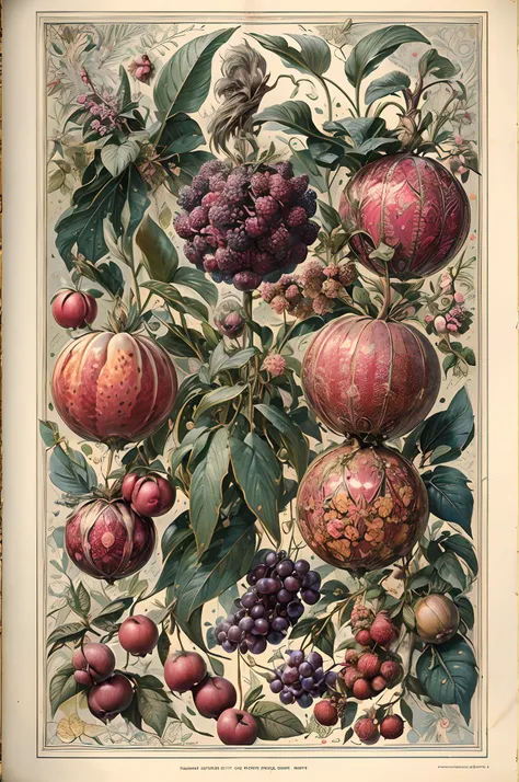 ((without people)) ((nobody)) Vintage Victorian style, Precise vintage encyclopedia (best quality:1.2), (detailed:1.2), (masterpiece:1.2), vintage illustrations of a mix of different fruits, botanical illustration