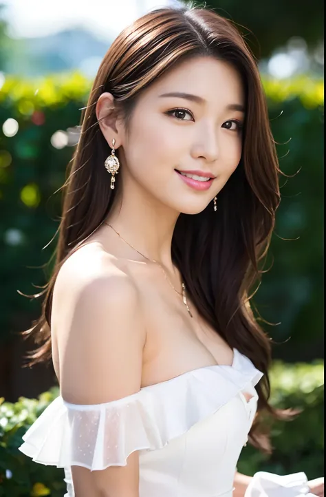 (18-year-old sweetheart), (Colossal tits:1.0),   Flower garden in the background、Riding a retro bike、Off-shoulder long dress with white ruffles、Let your hair flutter in the wind、(​master piece: 1.3), (max resolution: 1.4), (UltraHD: 1.2), cinematric light,...