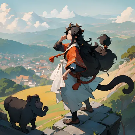 1male, monkey king, layered hair, black hair, standing on a cliff, overlooking village, one hand to the sky , monkey tail , animal tail , grey and white gi