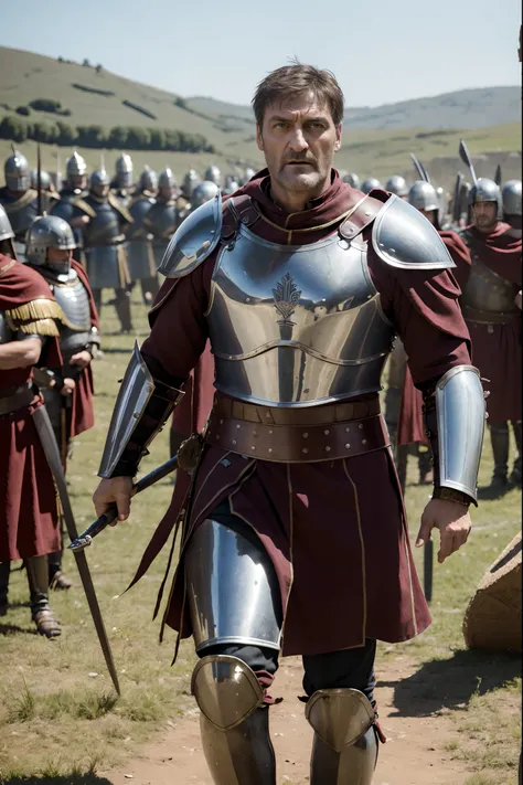 A Roman centurion resembling ((Vincent Regan)) in full battle armor. He looks focused, and ready for battle. With the background being a roman army standing behind him facing off against another army.