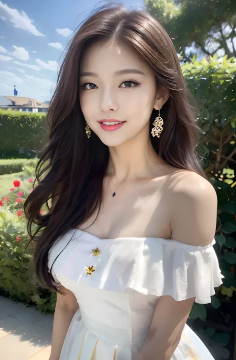 (18-year-old sweetheart), (Colossal tits:1.0),   Flower garden in the background、Riding a retro bike、Off-shoulder long dress with white ruffles、Let your hair flutter in the wind、(​master piece: 1.3), (max resolution: 1.4), (UltraHD: 1.2), cinematric light,...