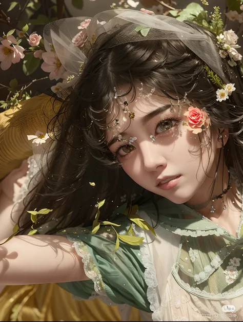 a close up of a woman with a veil and flowers in her hair, aesthetic portrait, romanticism portrait, monia merlo, fairycore, by Ye Xin, by Mei Qing, high quality portrait, ophelia, by Ayami Kojima, ethereal beauty, girl with a flower face, preraphaelite st...