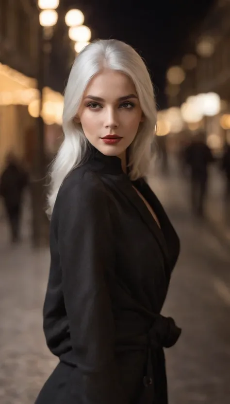 (Best quality,4K,A high resolution:1.2),Ultra-detailed,(Realistic,Photorealistic:1.37),The white-haired woman walked seductively down the street, black formal,Smooth polished hair,Confident posture,cityscape in the background,Dark and mysterious atmosphere...