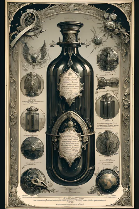 ((without people)) ((nobody)) Vintage Victorian style, Precise vintage encyclopedia (best quality:1.2), (detailed:1.2), (masterpiece:1.2), vintage illustrations of alchemy recipe and ingridients and bottles