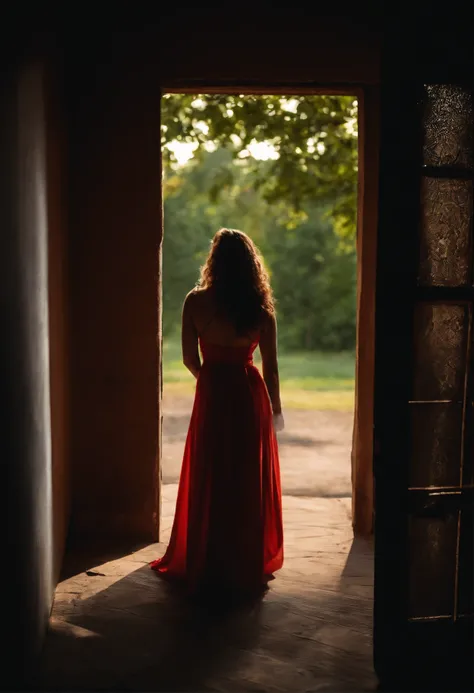 Woman looking through a small hole in the door in a dark environment. camera focus from behind