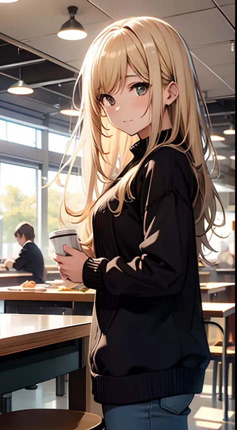 ((Miyuki)) blonde long hair, cute girl, standing at cafeteria table, black sweater