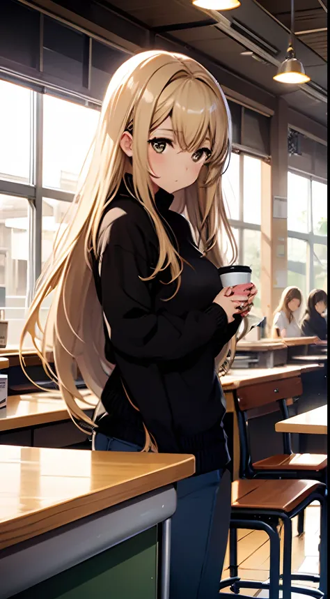 ((Miyuki)) blonde long hair, cute girl, standing at cafeteria table, black sweater