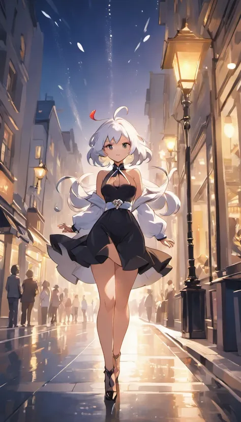 (Best quality,4K,A high resolution:1.2),Ultra-detailed,(Realistic,Photorealistic:1.37),The white-haired woman walked seductively down the street, black formal,Smooth polished hair,Confident posture,cityscape in the background,Dark and mysterious atmosphere...