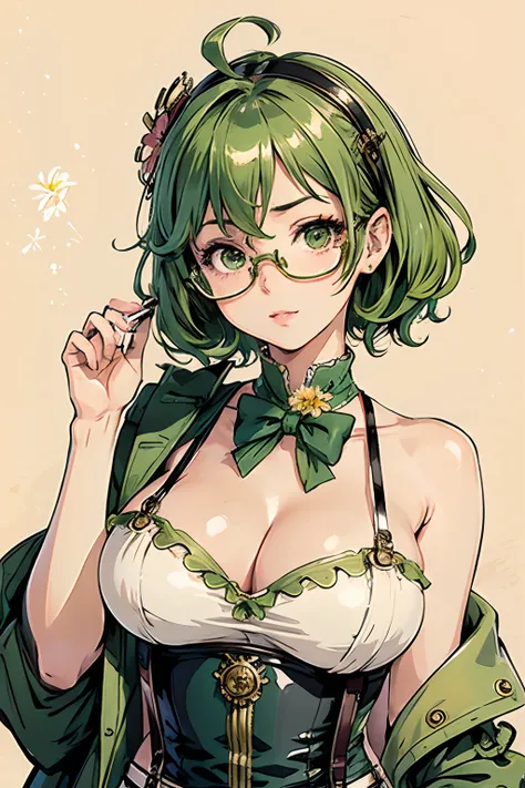 masterpiece:1.2, best quality), (dinamic lighting) 1lady, solo, short hair, big breasts,  (shiny skin:1.2), upper body, polarized glasses, steampunk, wavy green hair,Suspenders, flower on ear, harajuku style, hair pin, loli ,ahoge