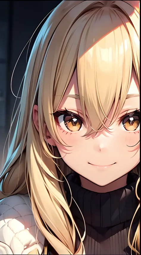 ((Miyuki)) blonde long hair, cute girl, black sweater, close up, smile