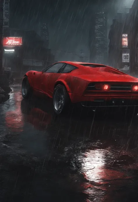 A red sports car, gloomy night，Heavy rains fell。completely realistic, Full high resolution, well done, rich in details