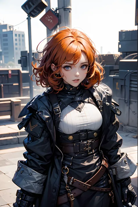 a close up of a woman in a dark purple outfit standing in front of a screen, ((with orange short curly hair)), a screenshot by Josetsu, polycount, process art, pc game with ui, full character, main character, in game, 8 k character details, leaked image, i...