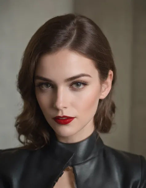 Moda dos anos 2010, mid closeup, Canon EF 85mm f/1.2L II USM, A woman is sitting in an office， with a black jacket and red lips, emphasis on facial expression, Moda de rua