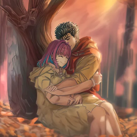 riamu,guts,couple,husband and wife,love dovey couple,sitting,hug,kiss,smile,(best quality,4k,8k,highres,masterpiece:1.2),ultra-detailed,(r1.37),portraits,vivid colors,warm tones,soft lighting, hug, pregnant