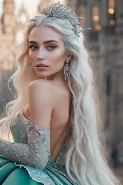 a close-up photography  of a elegant Princess with very long (windblown:1.1) ombre platinum white hair, disbelief, flat sagging breasts with long ,
she is strolling in Cinderella castle, she is wearing a beautiful multiple stitched layers green ballgown wi...