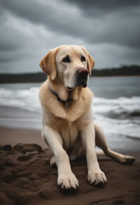 um labrador branco sentado e uma Bombaim ao lado