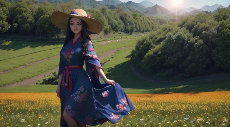 there is a beautiful chinese woman standing in a field of cherry trees with a sun hat and wearing a pink halter dress, longos ca...