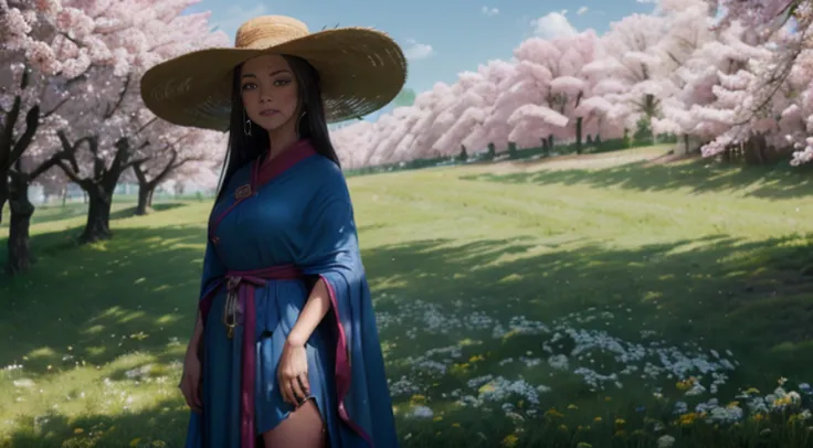 there is a beautiful chinese woman standing in a field of cherry trees with a sun hat and wearing a pink halter dress, longos ca...