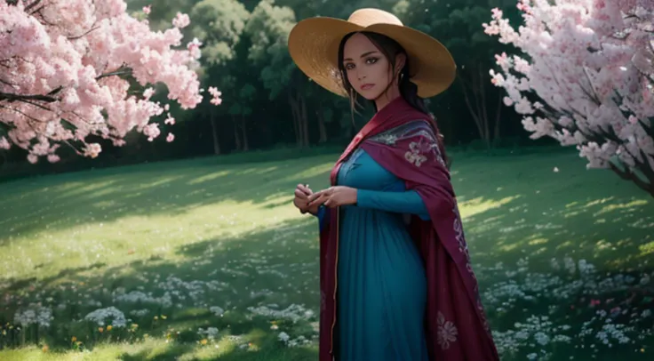 there is a beautiful chinese woman standing in a field of cherry trees with a sun hat and wearing a pink halter dress, longos ca...