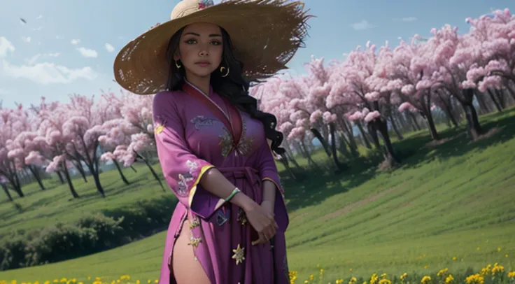 there is a beautiful chinese woman standing in a field of cherry trees with a sun hat and wearing a pink halter dress, longos ca...