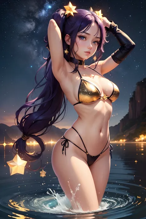 sexy woman, located in the corner, looking at the sky, solo, Mona (Genshin Impact), choker, hair between eyes, star (symbol), long hair, dark purple hair, twintails, blue eyes, shining eyes, bikini, landscape, night sky, star (sky), starry sky, night, outd...