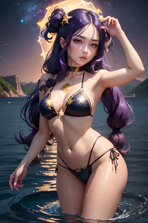 sexy woman, located in the corner, looking at the sky, solo, Mona (Genshin Impact), choker, hair between eyes, star (symbol), long hair, dark purple hair, twintails, blue eyes, shining eyes, bikini, landscape, night sky, star (sky), starry sky, night, outd...