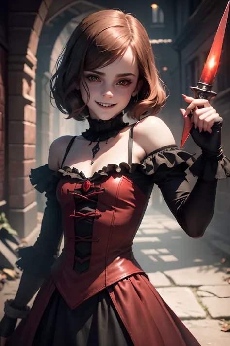 teen Emma Watson as a creepy sinister devilish clown with a demonic smile and long sharp teeth. red eyes. holding a long dagger. dark alley background.