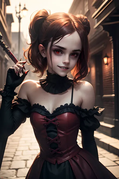 teen Emma Watson as a creepy sinister devilish clown with a demonic smile and long sharp teeth. red eyes. holding a long dagger. dark alley background.