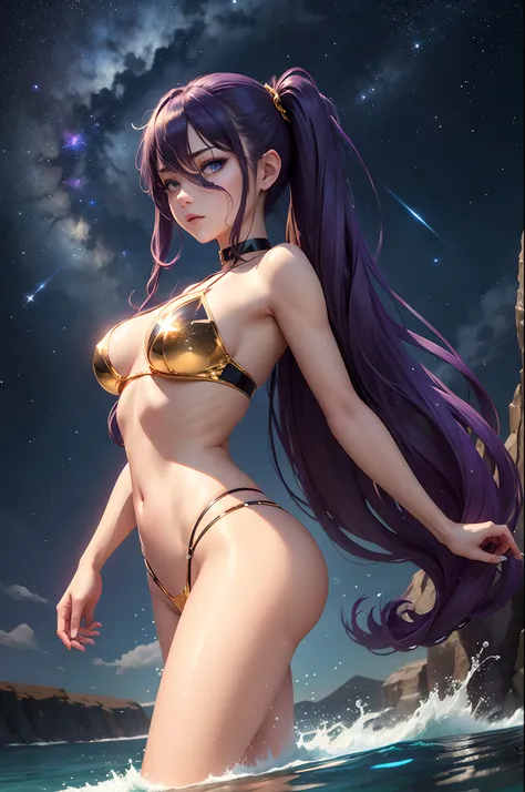 sexy woman, located in the corner, looking at the sky, solo, Mona (Genshin Impact), choker, hair between eyes, star (symbol), long hair, dark purple hair, twintails, blue eyes, shining eyes, bikini, landscape, night sky, star (sky), starry sky, night, outd...