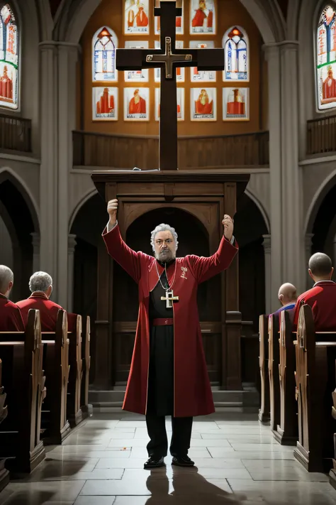 Marxist priest inside the church with his hands up holding a cross and a sickle and the communist hammer