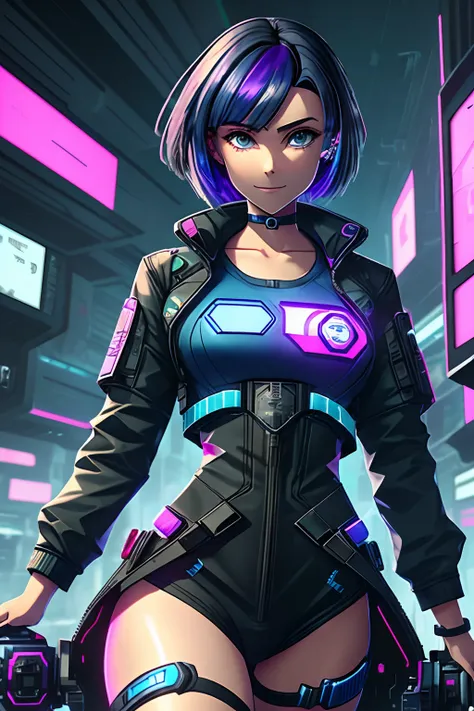 picture a thin young girl with short, dark blue hair featuring purple highlights, captivating green eyes, and a cyberpunk-themed...