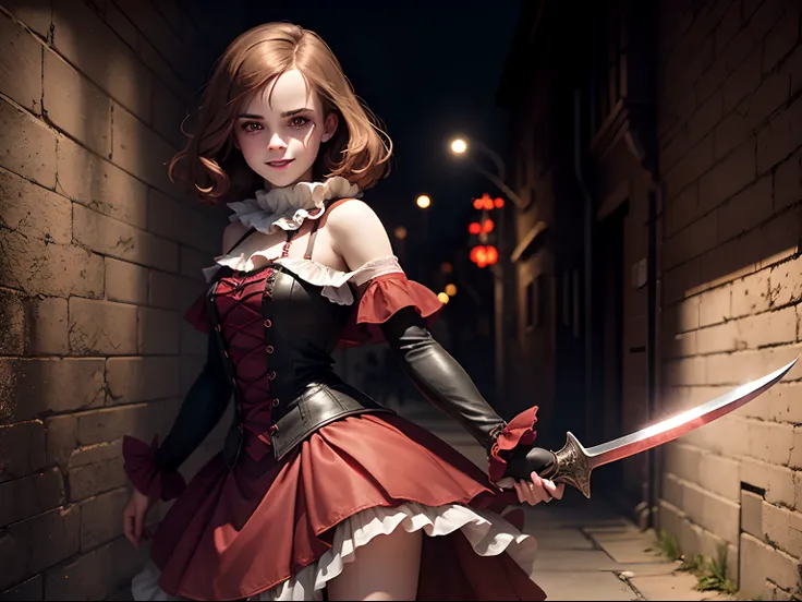 teen Emma Watson as a creepy sinister devilish clown with a demonic smile and long sharp teeth. red eyes. holding a curved blade. dark alley background.