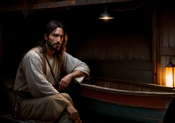 JESUS CHRIST sitting next to an old boat Dark photo: realistic epic, soft cinematic portrait, adobe lightroom, photographic lab, highly detailed, faded, art by Greg Rutkowski and artgerm ,neutral colors: 1,2), (hdr:1,4) , (soft colors:1.2), hyperdetailed, ...