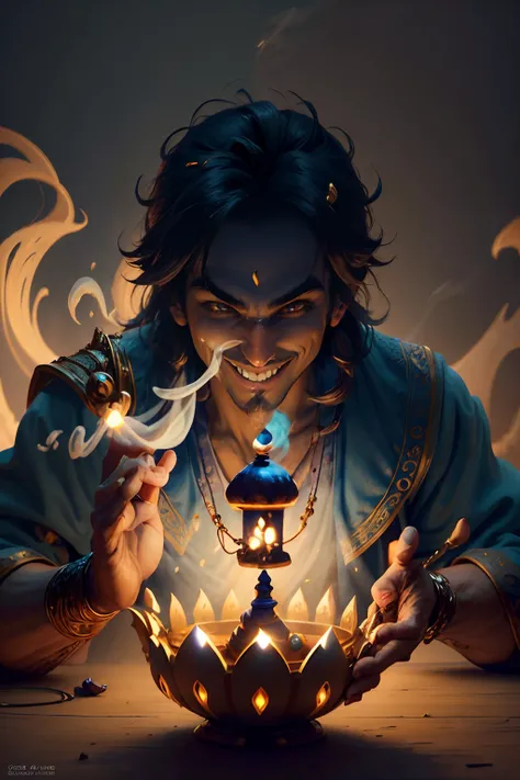 Arabian fairy tale. Year 1000. Aladdin and His Magic Lamp. Genie in the form of smoke, coming out of the lamp with a big smile, Cartoon characters. a closeup of a. many details. super realistic. Cinematic. Blurred fairy tale background. Light haze