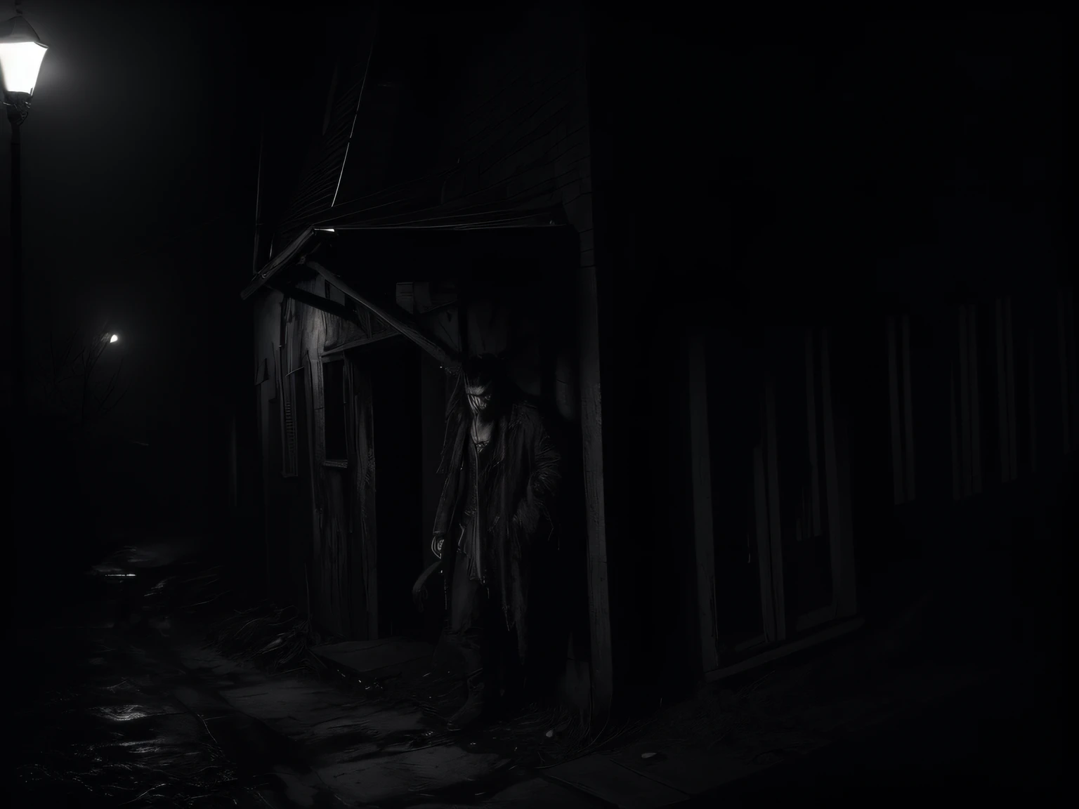 black and white, deepset eyes, an evil male werewolf outside a house in pensilvannia, grunge textures, atmospheric, grotesque chiaroscuro, high contrast, gory detail, film noirstyle, wide shot