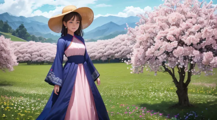 There is a beautiful Chinese woman standing in a field of cherry trees with a sun hat and wearing a pink halter dress, longos cabelos castanhos ondulados, wearing sunglasses, alto e magro, Beautiful, sorriso sutil, Standing in the field of cherry trees, st...