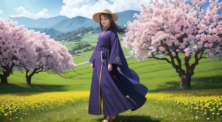 There is a beautiful Chinese woman standing in a field of cherry trees with a sun hat and wearing a pink halter dress, longos cabelos castanhos ondulados, wearing sunglasses, alto e magro, Beautiful, sorriso sutil, Standing in the field of cherry trees, st...