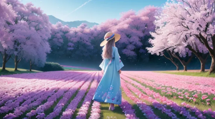 There is a beautiful Chinese woman standing in a field of cherry trees with a sun hat and wearing a pink halter dress, longos cabelos castanhos ondulados, wearing sunglasses, alto e magro, Beautiful, sorriso sutil, Standing in the field of cherry trees, st...