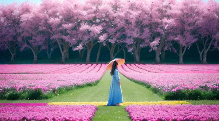 There is a beautiful Chinese woman standing in a field of cherry trees with a sun hat and wearing a pink halter dress, longos cabelos castanhos ondulados, wearing sunglasses, alto e magro, Beautiful, sorriso sutil, Standing in the field of cherry trees, st...