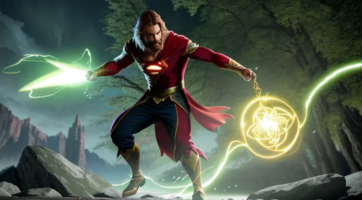 vivid magical mystical background.action-packed scene of a superhero who has the (((Poderoso anel brilhante))) do Lanterna Verde e a magia do furioso Doutor Estranho ((usando barba)) capa vermelha. The superhero must be in a mystical pose, conjuring a powe...