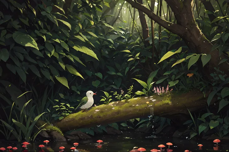 masterpiece, macro photograph of a tiny bird drinking water in a forest, dusk, mushrooms, dewdrops, high contrast, studio ghibli style, highly intricate, highly detailed, photorealism style