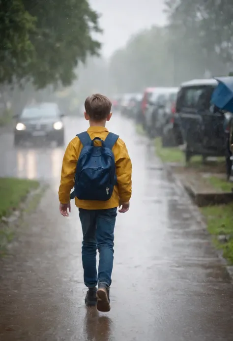 Boy going to school,4k, rain, realistic