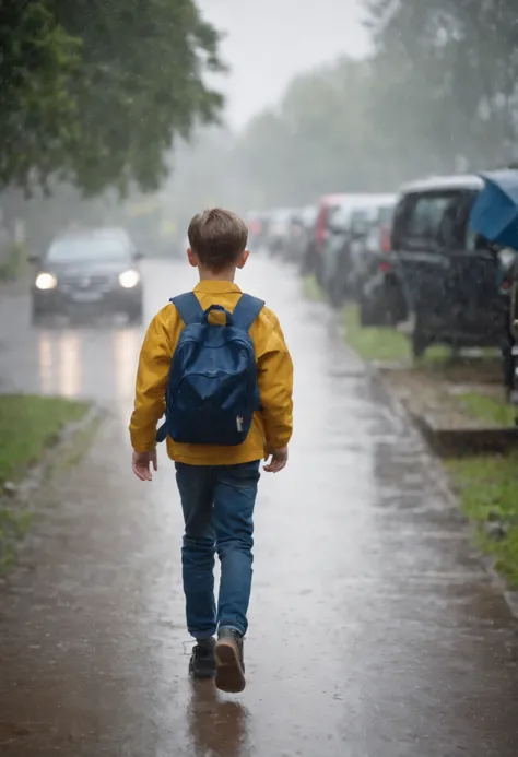 Boy going to school,4k, rain, realistic