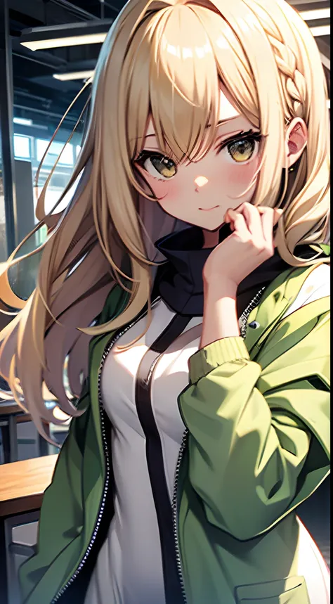 ((Miyuki)) blonde long hair, cute girl, white one piece dress, green jacket