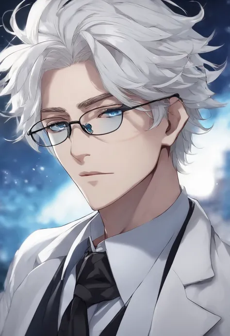 White-haired male anime character wearing blue-eyed glasses wearing the black suit