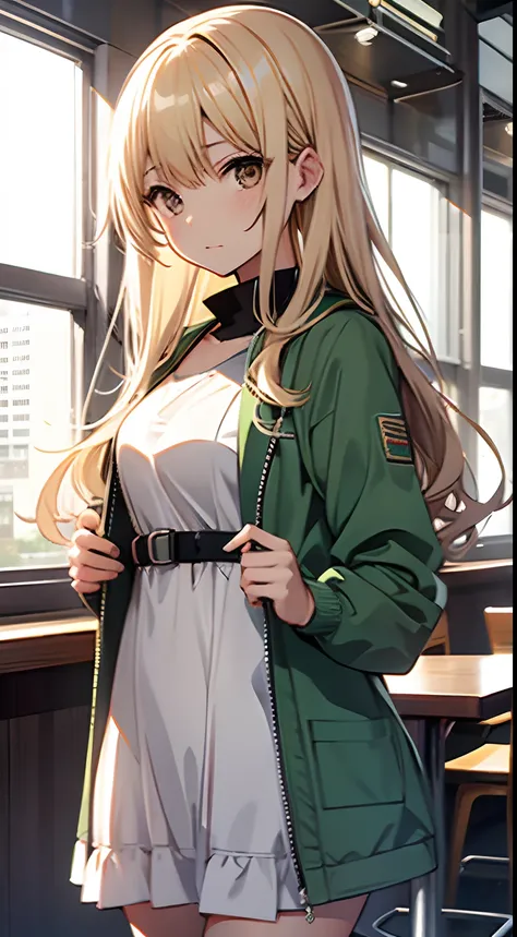 ((Miyuki)) blonde long hair, cute girl, white one piece dress, green jacket,