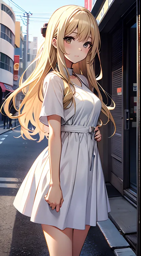 ((Miyuki)) blonde long hair, cute girl, white one piece dress, posing at street