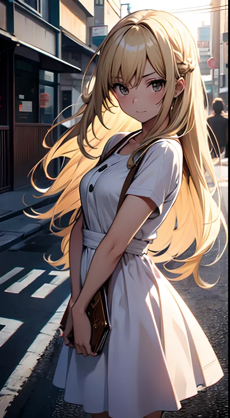 ((Miyuki)) blonde long hair, cute girl, white one piece dress, posing at street