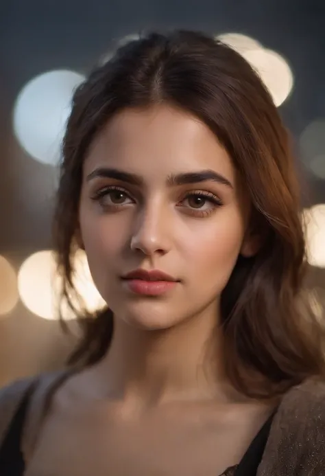 Realistic and detailed portrait of an Iraqi girl, attractive, 18 years old on a rainy night，Front lens，Street background （Close-up Shot Shot：1.6），best qualtiy，f / 1 HD photography T bokeh，Depth of field Macro The atmosphere is sad