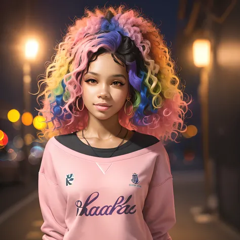 girl, colorful hair, wavy hair, anime style, digital art, happy, hands up, light pink sweatshirt with Neymar Jr print, dark skin female, vibrant colors, soft lighting, Black K-pop style girl posing for a professional photo shoot hd model poses photo